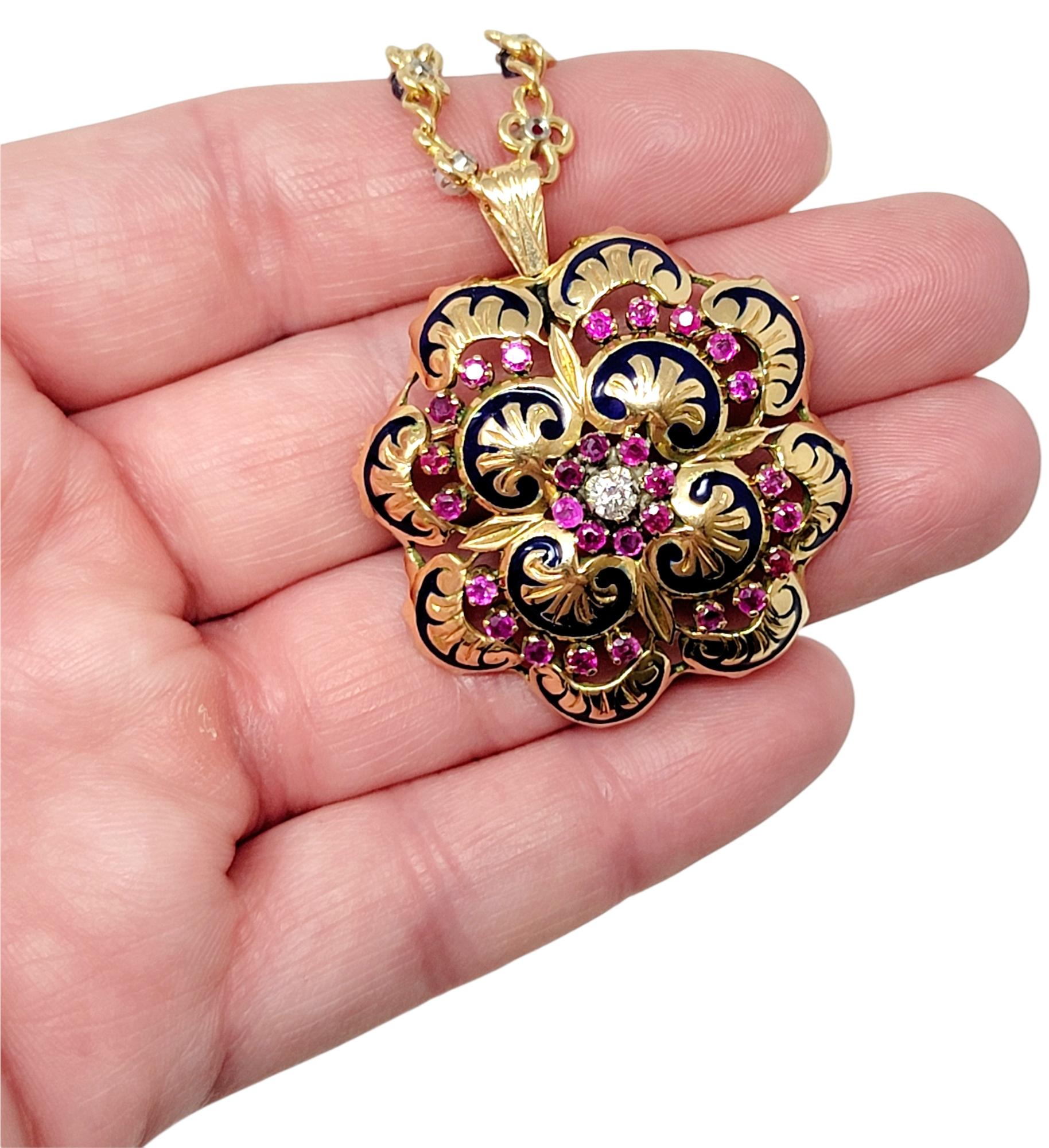 Diamond, Ruby, Sapphire and Pearl Pendant / Brooch with Link Chain 18 Karat Gold For Sale 5