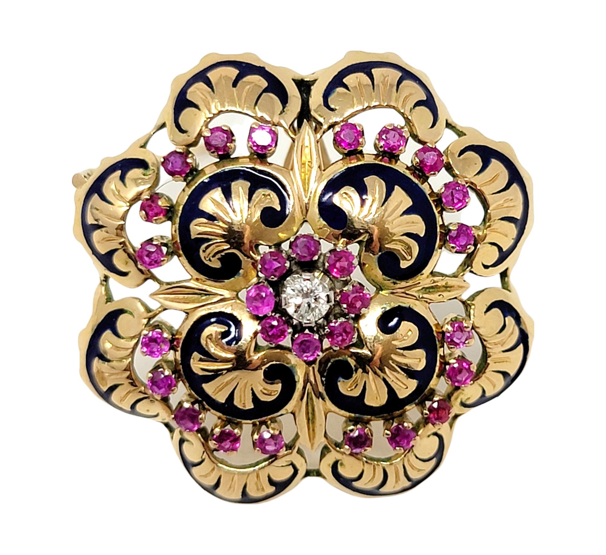 Pendentif / Broche en diamant, rubis, saphir et perle avec chaîne à maillons en or 18 carats en vente 9