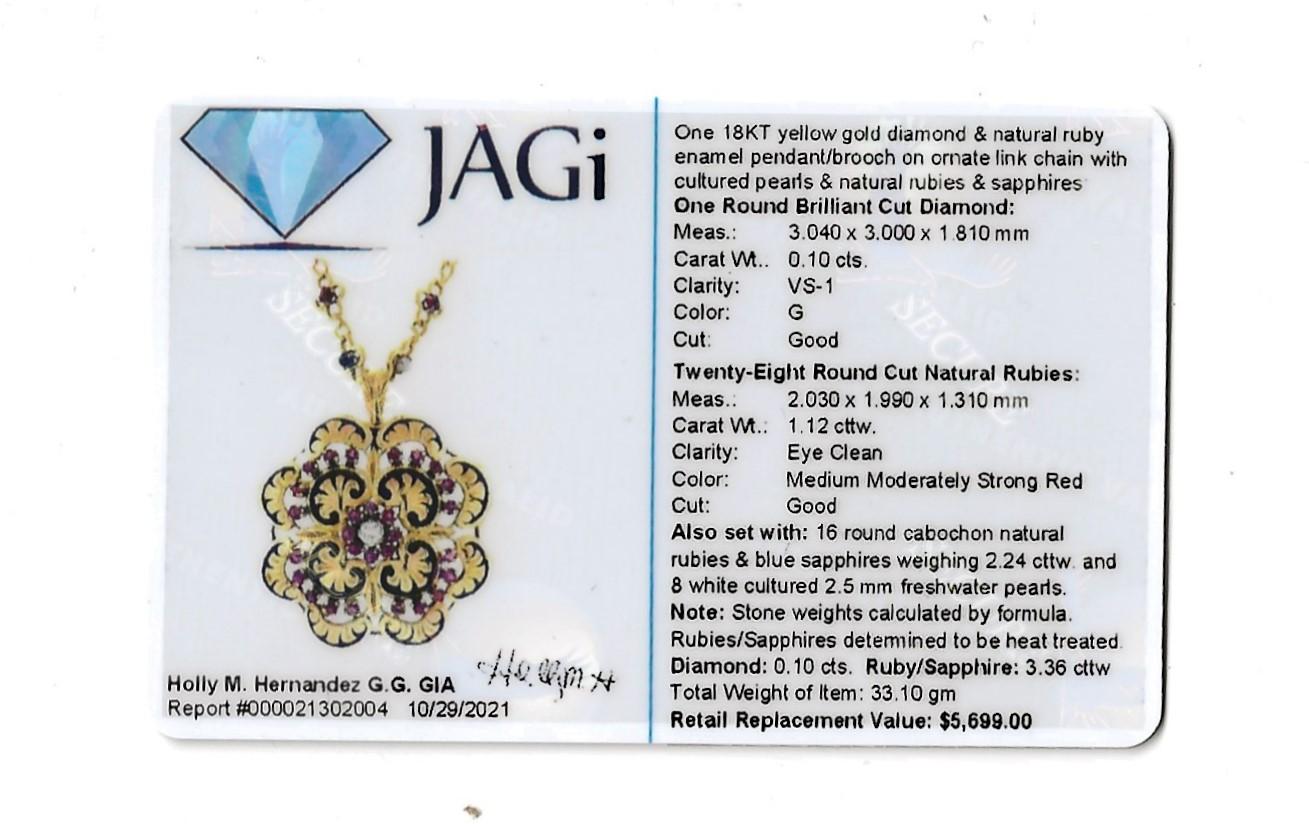 Pendentif / Broche en diamant, rubis, saphir et perle avec chaîne à maillons en or 18 carats en vente 10