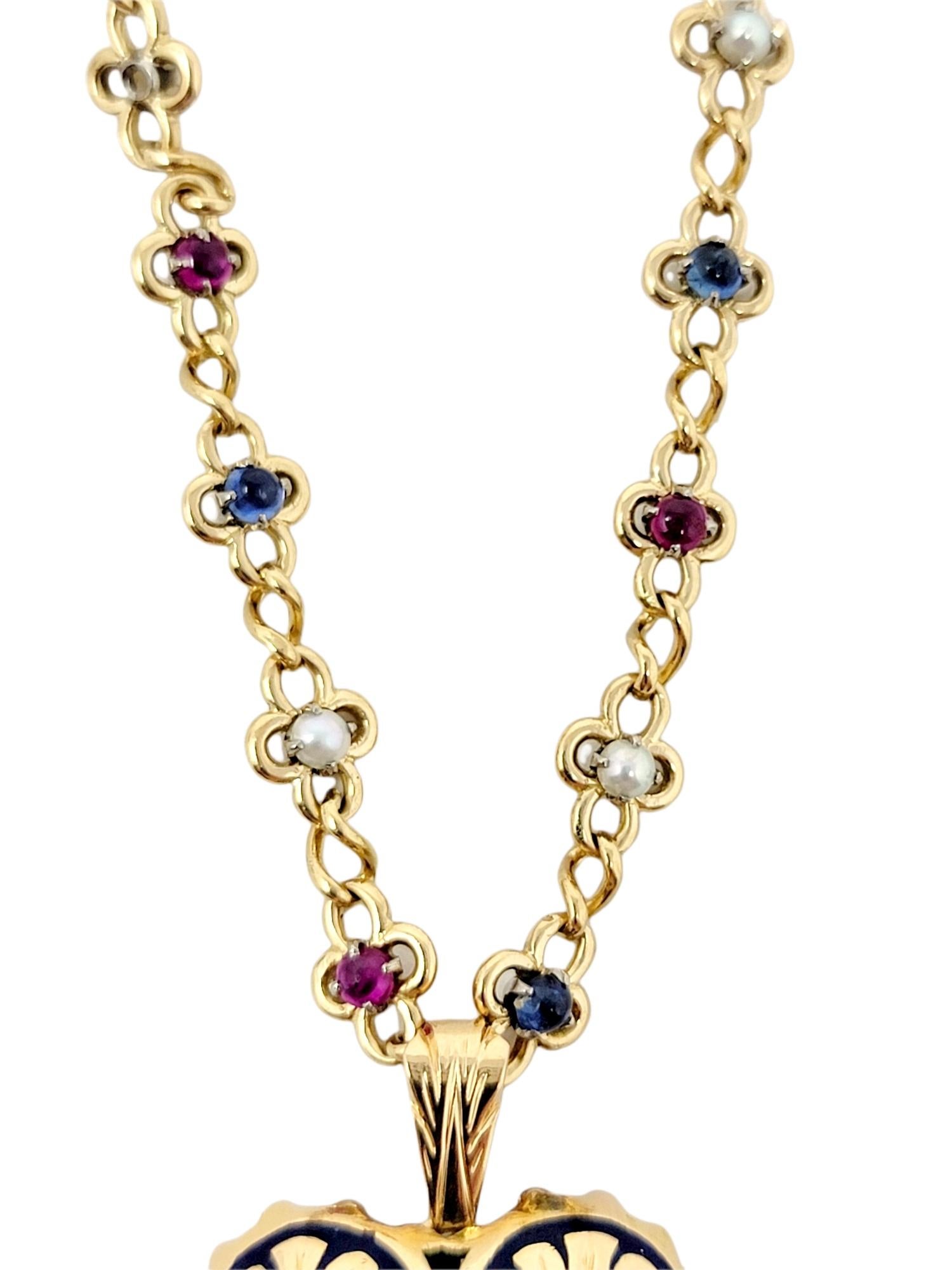 Edwardian Diamond, Ruby, Sapphire and Pearl Pendant / Brooch with Link Chain 18 Karat Gold For Sale