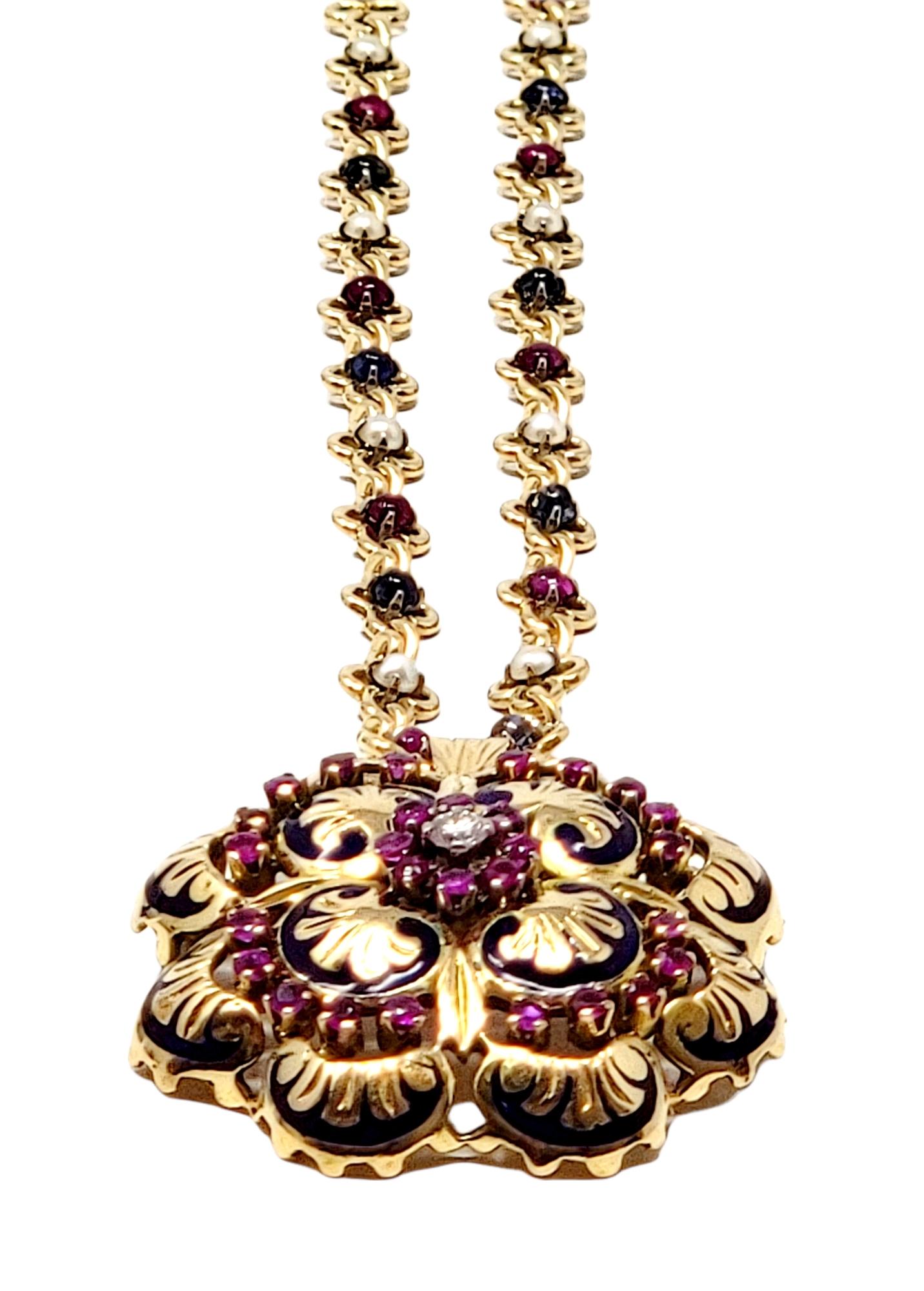 Diamond, Ruby, Sapphire and Pearl Pendant / Brooch with Link Chain 18 Karat Gold In Good Condition For Sale In Scottsdale, AZ