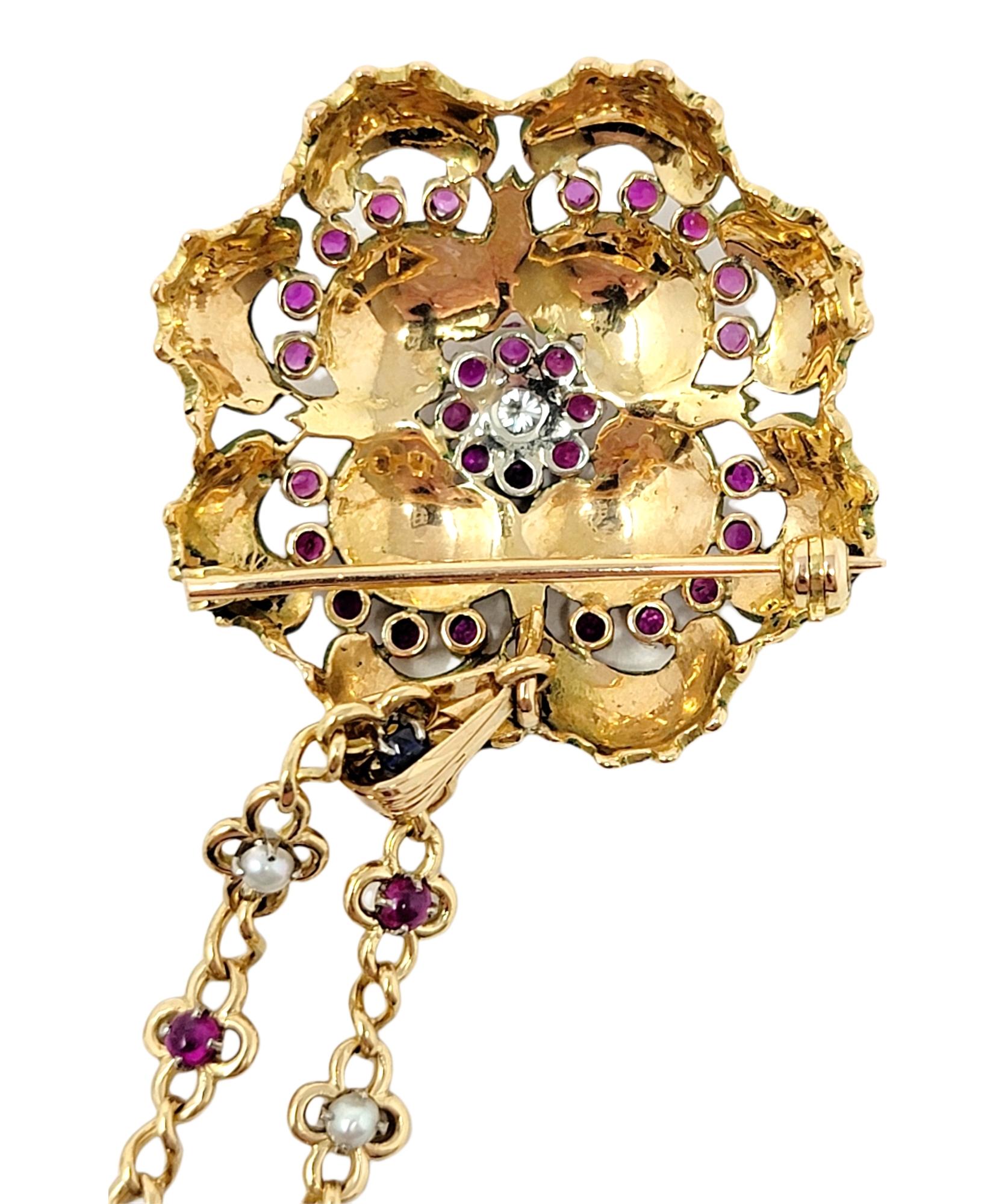 Women's Diamond, Ruby, Sapphire and Pearl Pendant / Brooch with Link Chain 18 Karat Gold For Sale