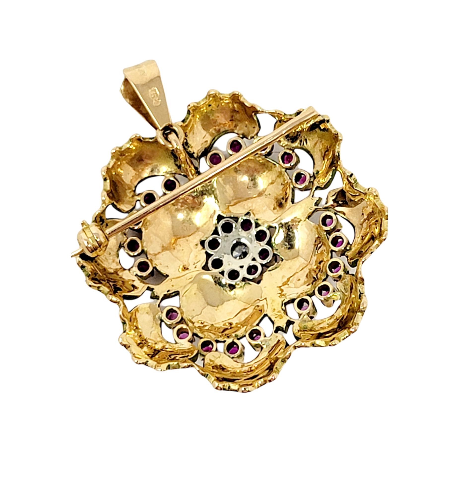 Diamond, Ruby, Sapphire and Pearl Pendant / Brooch with Link Chain 18 Karat Gold For Sale 3