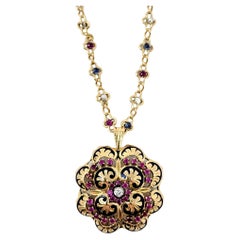Diamond, Ruby, Sapphire and Pearl Pendant / Brooch with Link Chain 18 Karat Gold