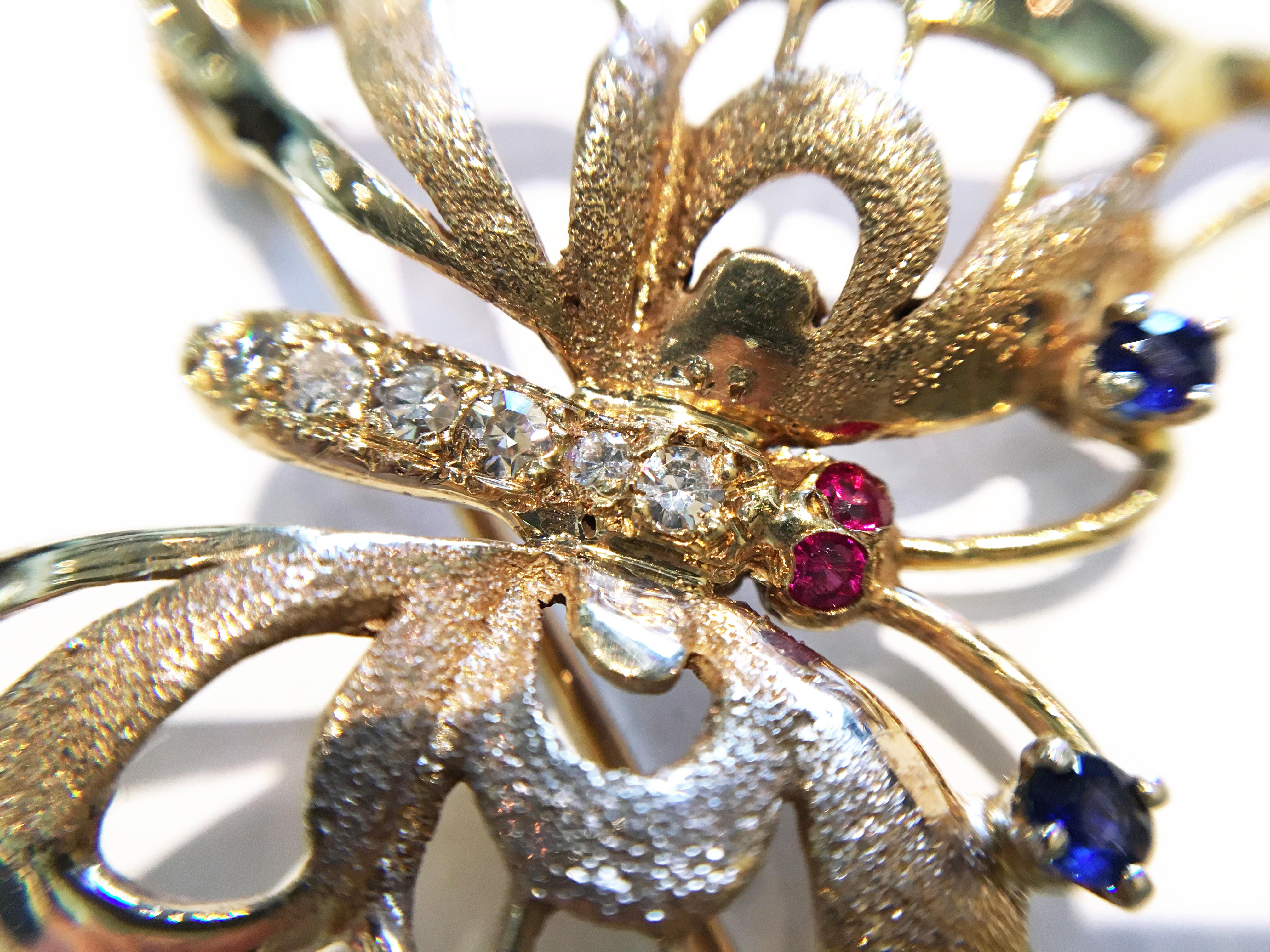 Retro Diamond Ruby Sapphire Butterfly Brooch/Pin For Sale