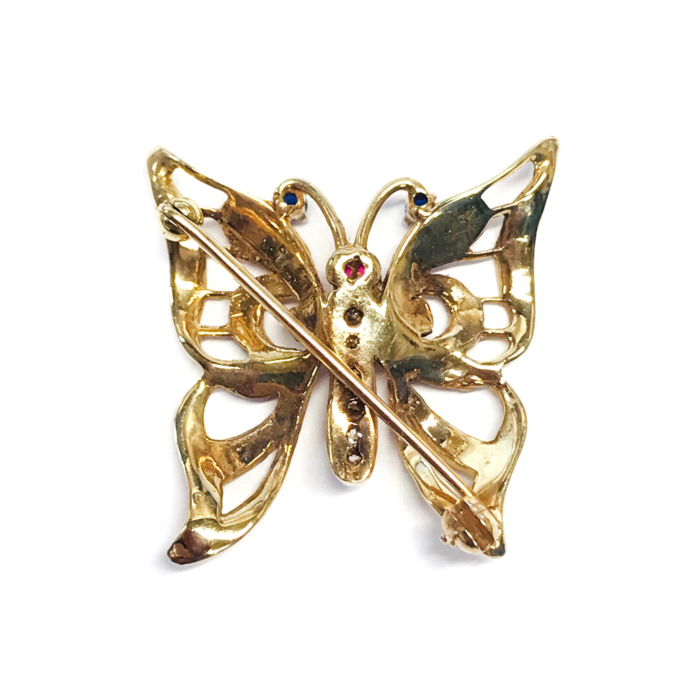 Schmetterlingsbrosche/Anstecknadel mit Diamant, Rubin, Saphir (Rundschliff) im Angebot