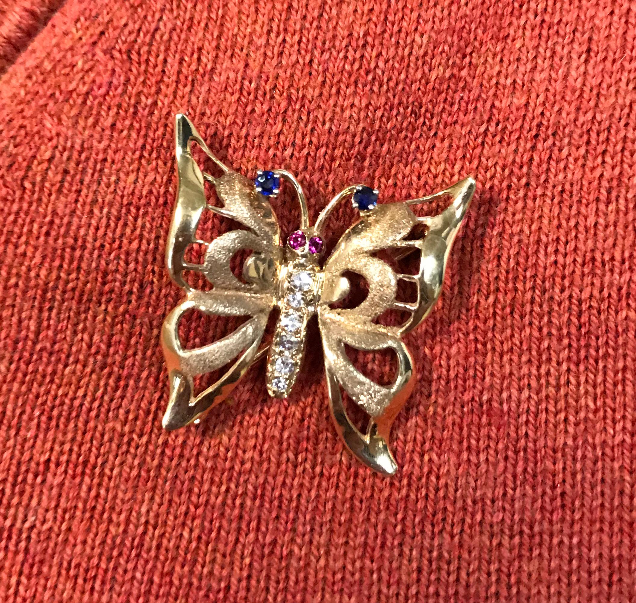 Diamond Ruby Sapphire Butterfly Brooch/Pin In Good Condition For Sale In Palm Desert, CA