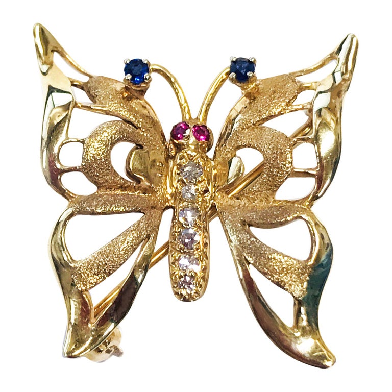 Diamond Ruby Sapphire Butterfly Brooch/Pin For Sale at 1stDibs