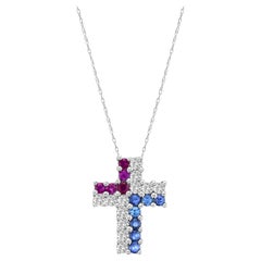 Diamond, Ruby & Sapphire Cross Necklace 14k White Gold