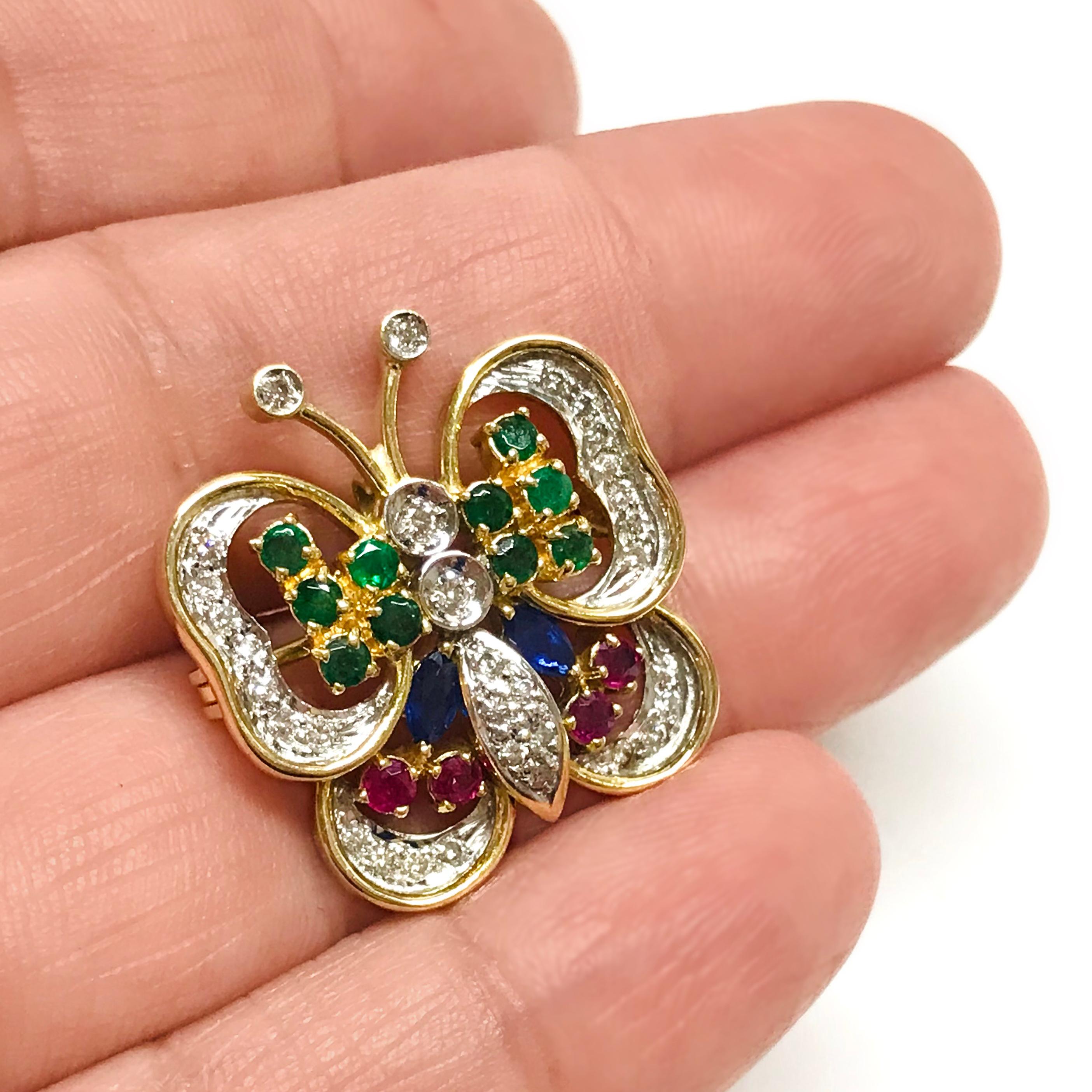 Diamond Ruby Sapphire Emerald Butterfly Brooch/Pin In Good Condition In Palm Desert, CA