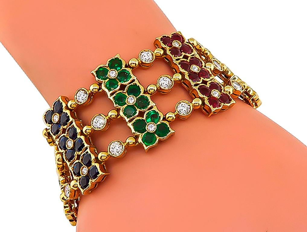 Round Cut Diamond Ruby Sapphire Emerald Gold Bracelet