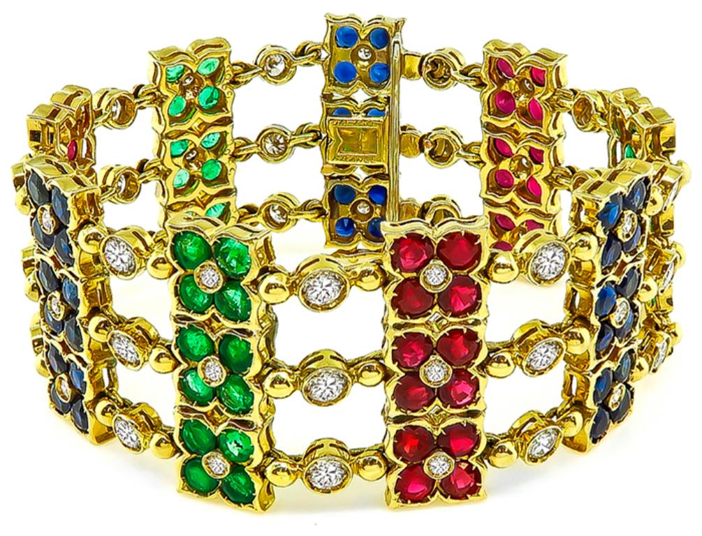 Diamond Ruby Sapphire Emerald Gold Bracelet In Excellent Condition In New York, NY