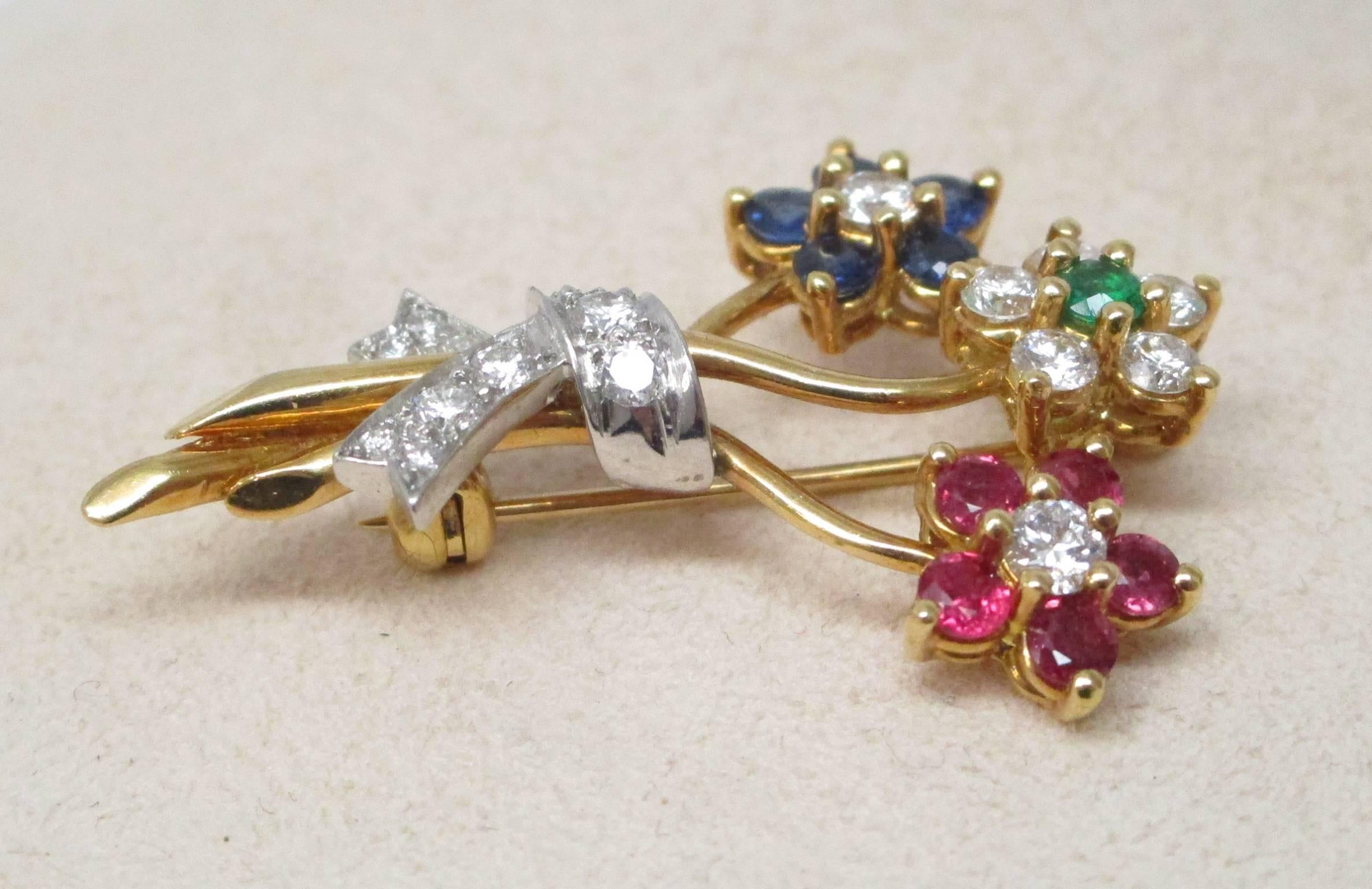 Retro Diamond Ruby Sapphire Emerald Gold Brooch