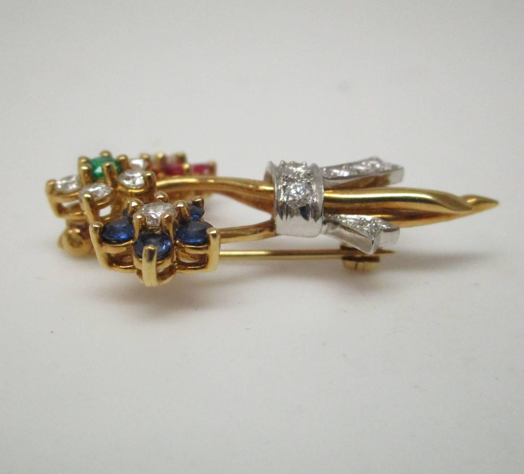 Diamond Ruby Sapphire Emerald Gold Brooch In Excellent Condition In Lexington, KY