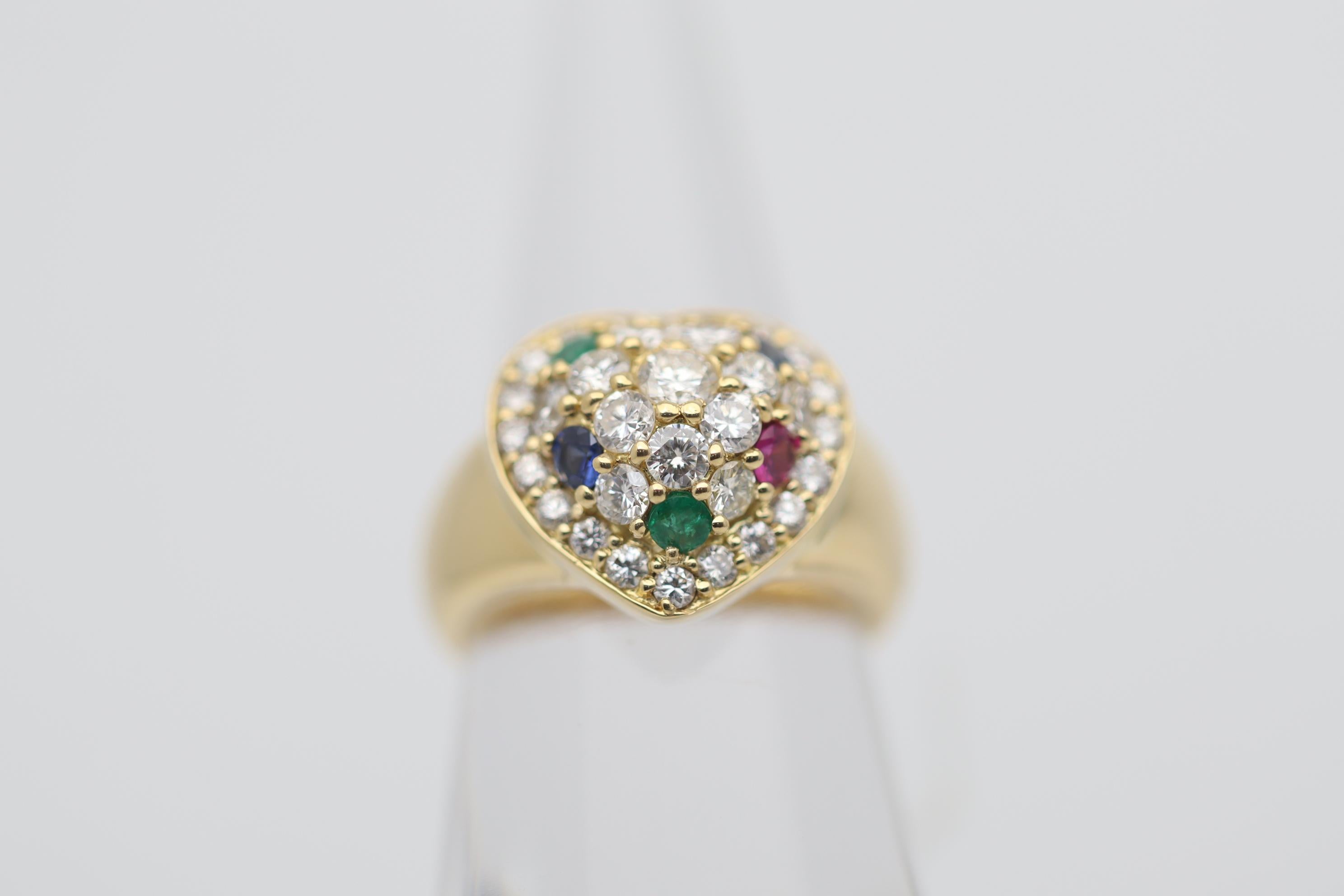 Women's Diamond Ruby Sapphire Emerald Gold Heart-Motif Ring For Sale
