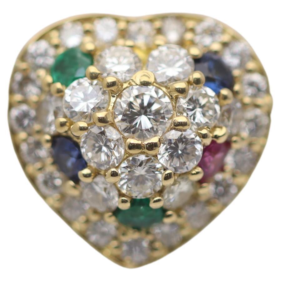 Bague en or avec motif en forme de coeur, diamant, rubis, saphir et émeraude en vente