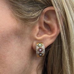 Diamond Ruby Sapphire Emerald Huggie 18 Karat Yellow Gold Leverback Earrings