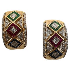 Vintage Diamond Ruby Sapphire Emerald Huggie 18 Karat Yellow Gold Leverback Earrings