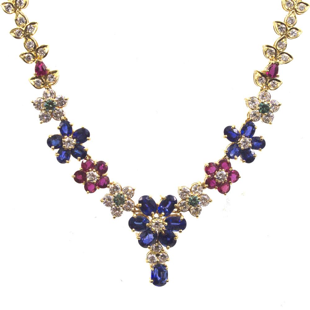 Diamond Ruby Sapphire Emerald Multi-Color Floral Drop 18 Karat Gold Necklace