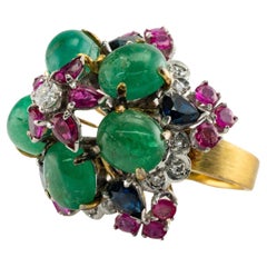 Emerald Sapphire Ruby Diamond Gold Bombe Flower Ring For Sale at ...