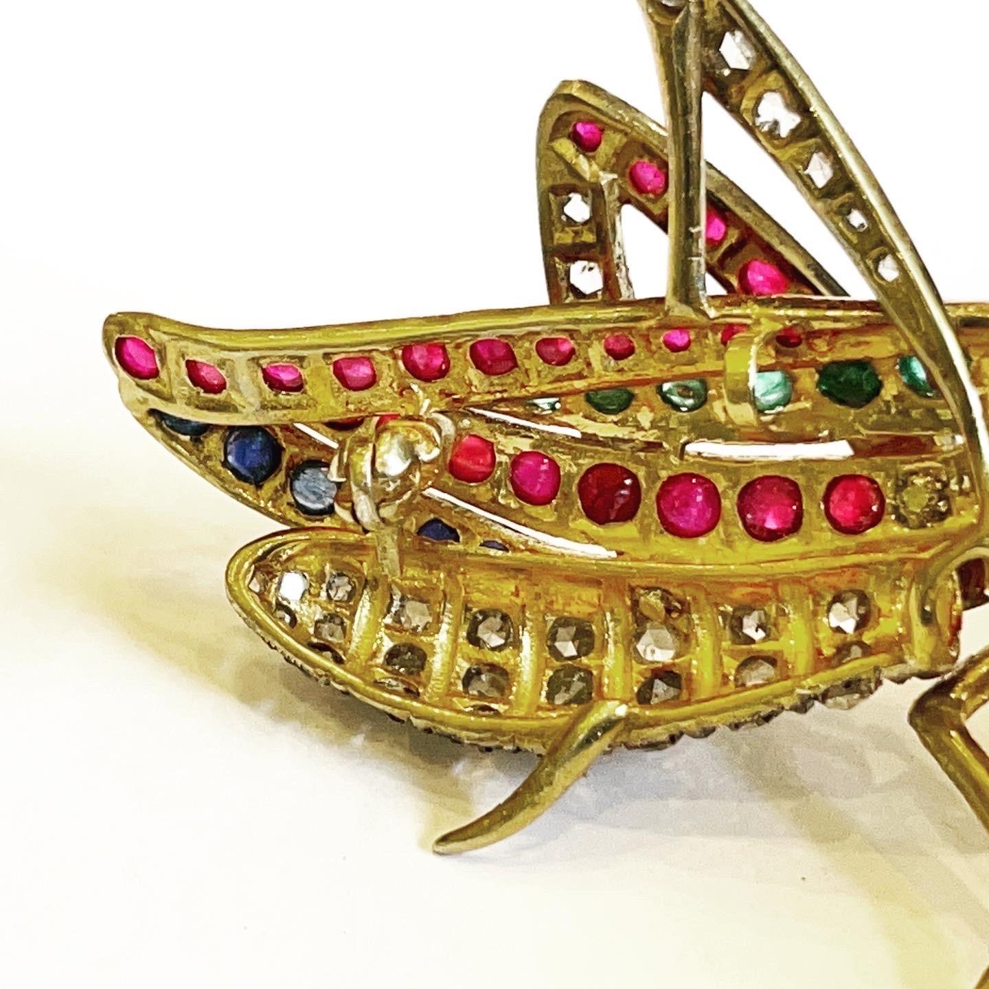 Diamond, Ruby, Sapphire, Emerald Vermeil Silver Grasshopper Cricket Brooch For Sale 1