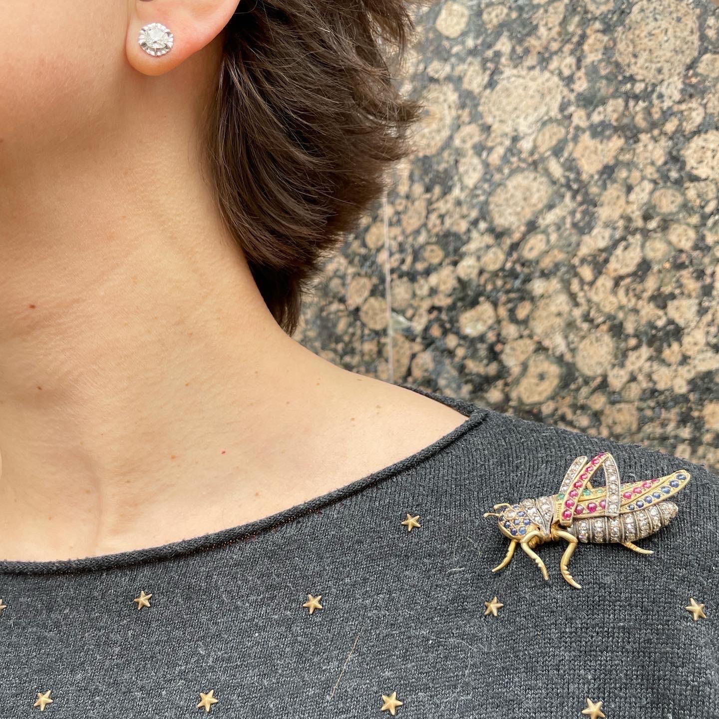 Diamond, Ruby, Sapphire, Emerald Vermeil Silver Grasshopper Cricket Brooch For Sale 5