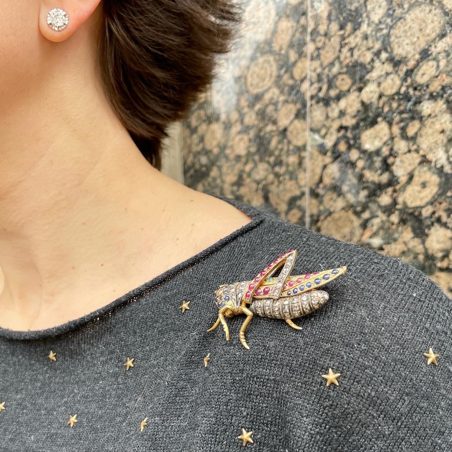 Diamond, Ruby, Sapphire, Emerald Vermeil Silver Grasshopper Cricket Brooch For Sale 6