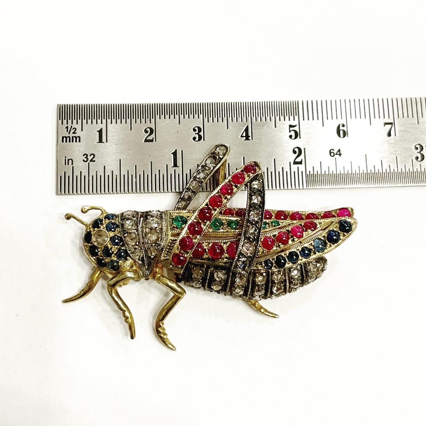 Diamond, Ruby, Sapphire, Emerald Vermeil Silver Grasshopper Cricket Brooch For Sale 7