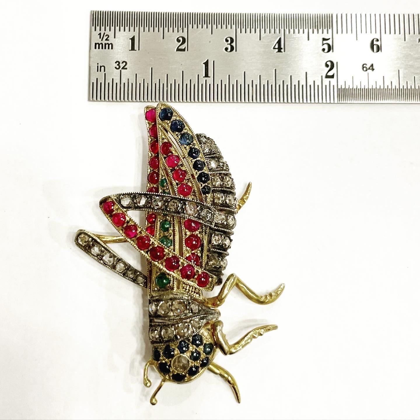 Diamond, Ruby, Sapphire, Emerald Vermeil Silver Grasshopper Cricket Brooch For Sale 8