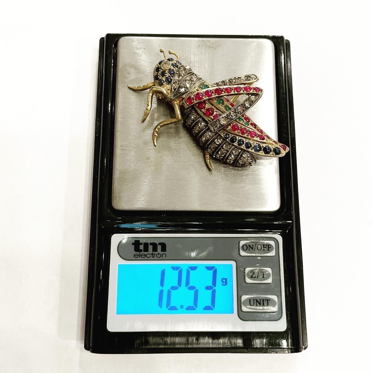 Diamond, Ruby, Sapphire, Emerald Vermeil Silver Grasshopper Cricket Brooch For Sale 9