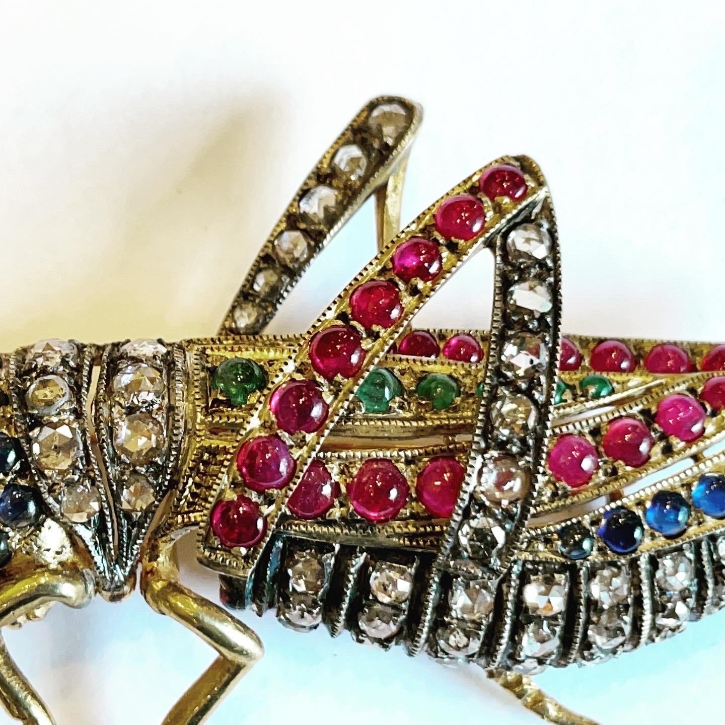 Victorian Diamond, Ruby, Sapphire, Emerald Vermeil Silver Grasshopper Cricket Brooch For Sale