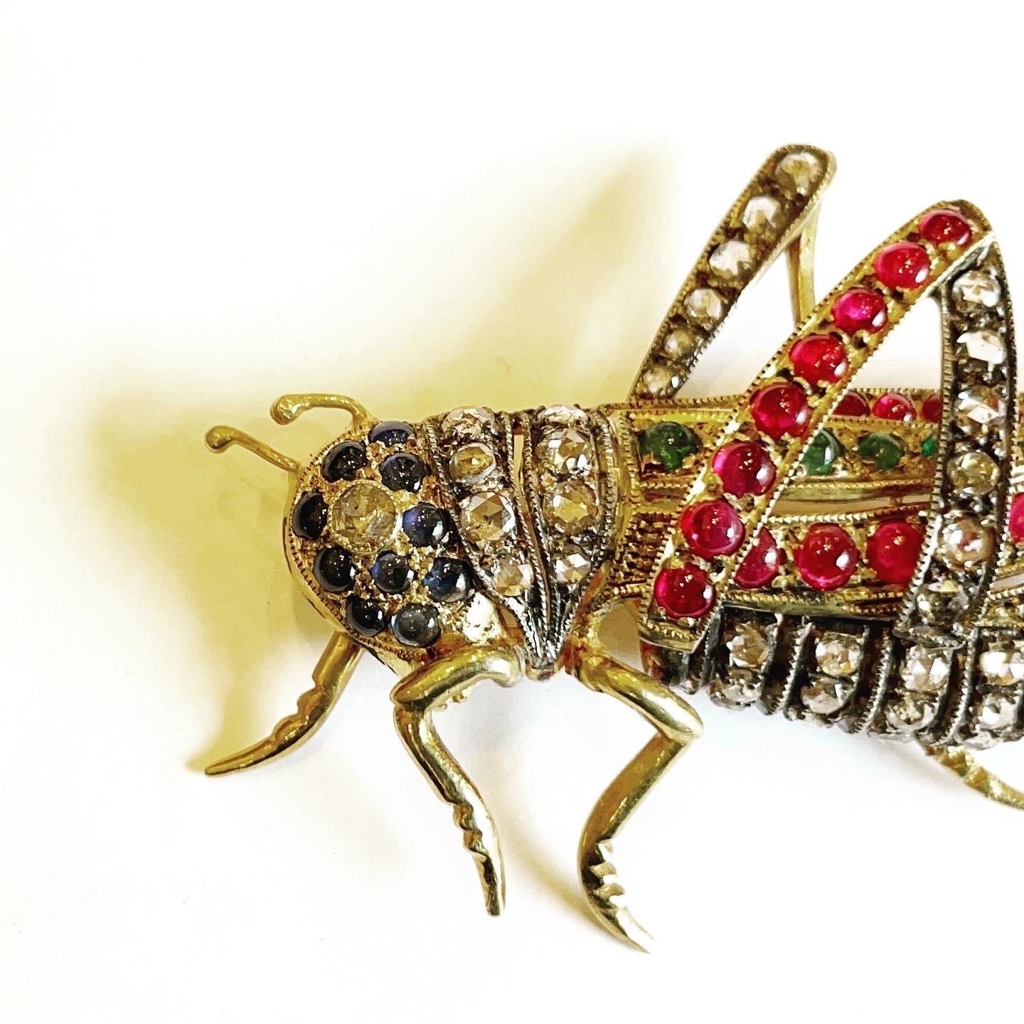 Rose Cut Diamond, Ruby, Sapphire, Emerald Vermeil Silver Grasshopper Cricket Brooch For Sale