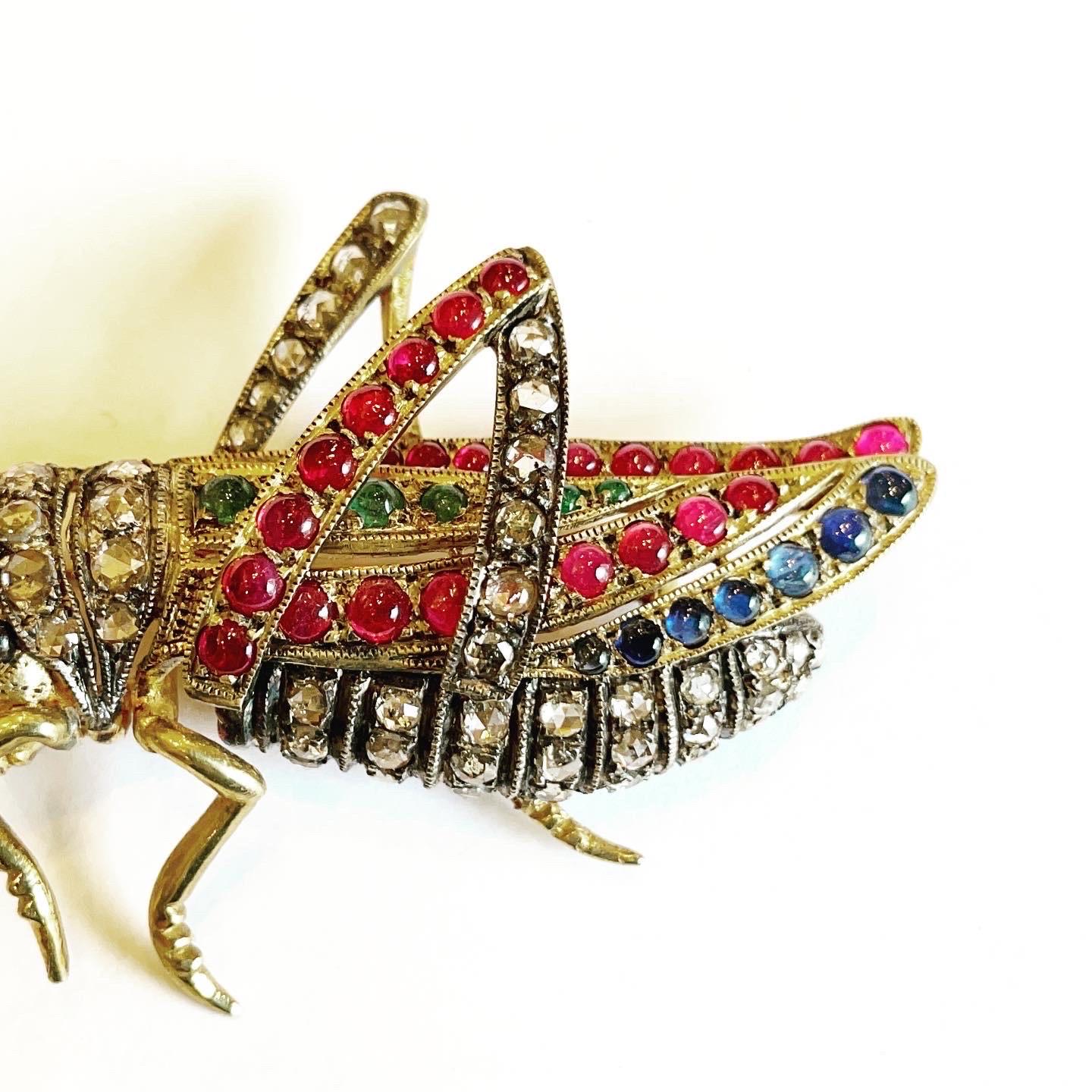 Diamond, Ruby, Sapphire, Emerald Vermeil Silver Grasshopper Cricket Brooch In Good Condition For Sale In Pamplona, Navarra