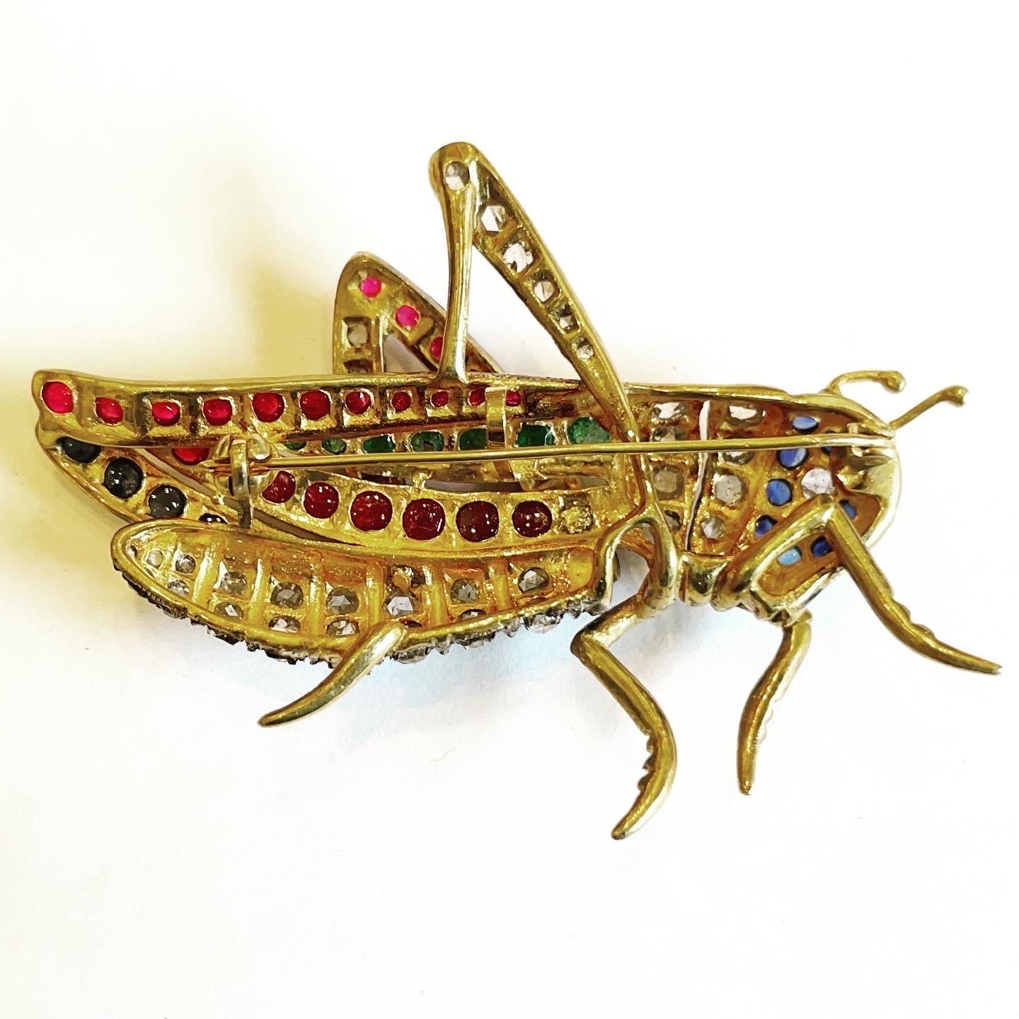Women's or Men's Diamond, Ruby, Sapphire, Emerald Vermeil Silver Grasshopper Cricket Brooch For Sale