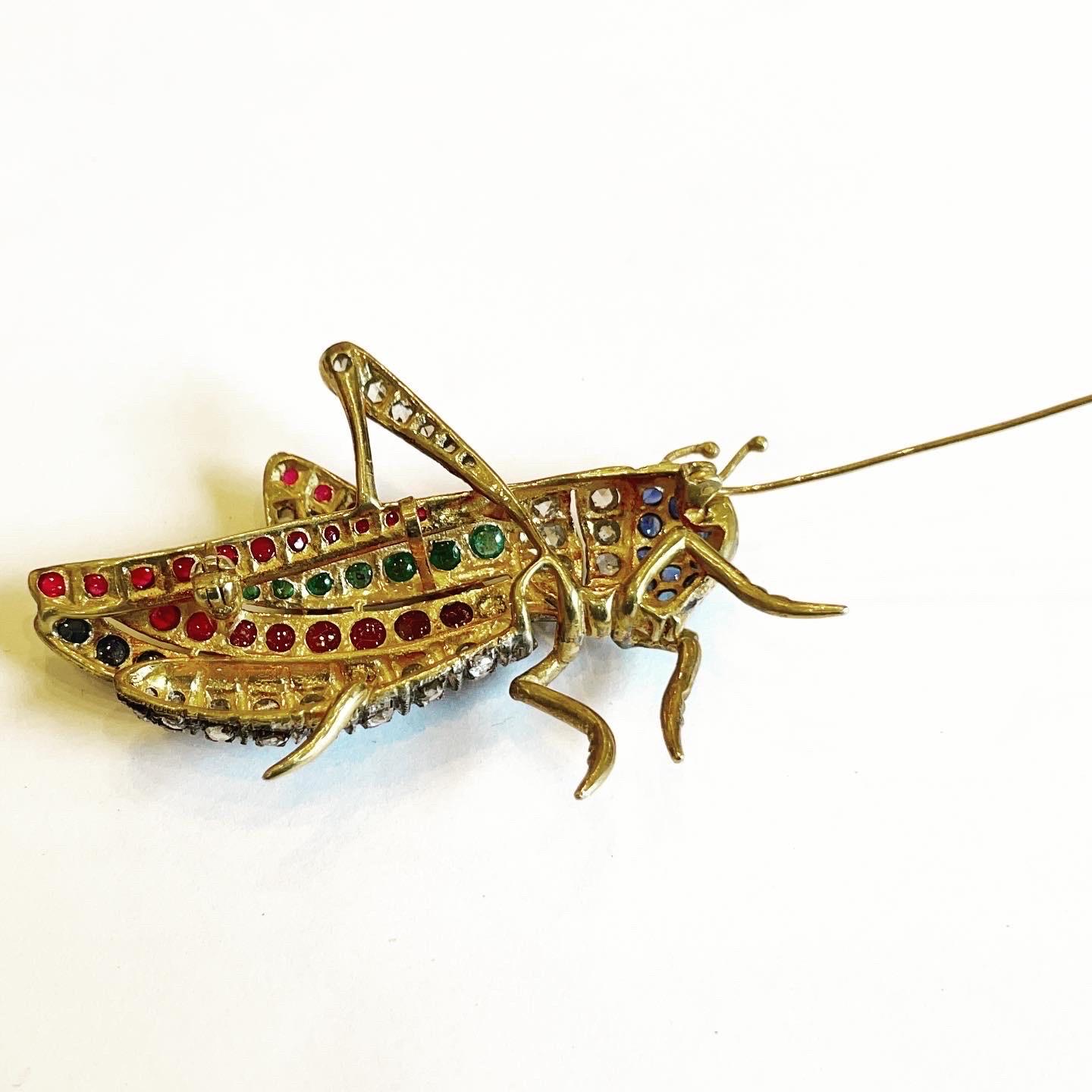 Diamond, Ruby, Sapphire, Emerald Vermeil Silver Grasshopper Cricket Brooch For Sale 1