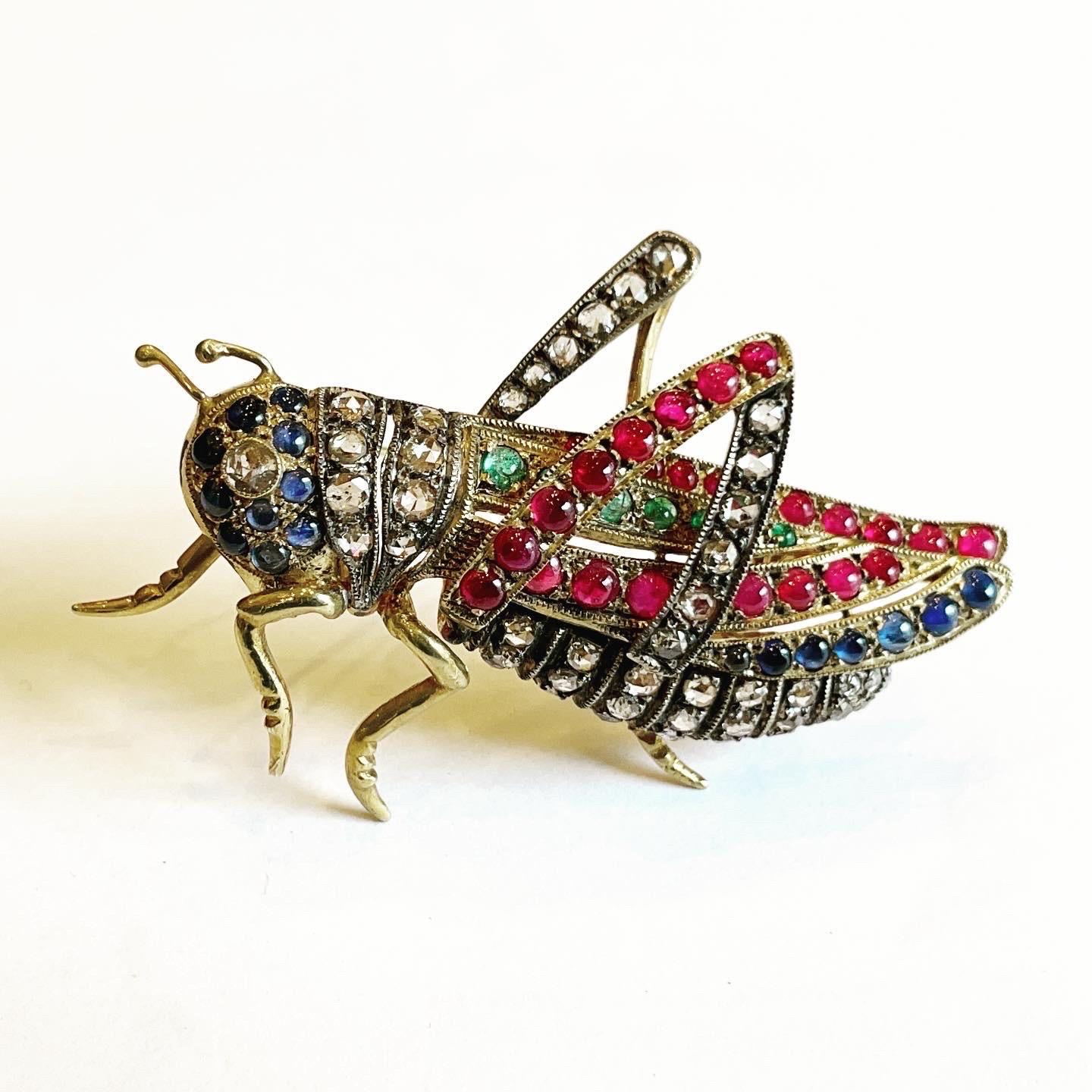 Diamond, Ruby, Sapphire, Emerald Vermeil Silver Grasshopper Cricket Brooch In Good Condition For Sale In Pamplona, Navarra