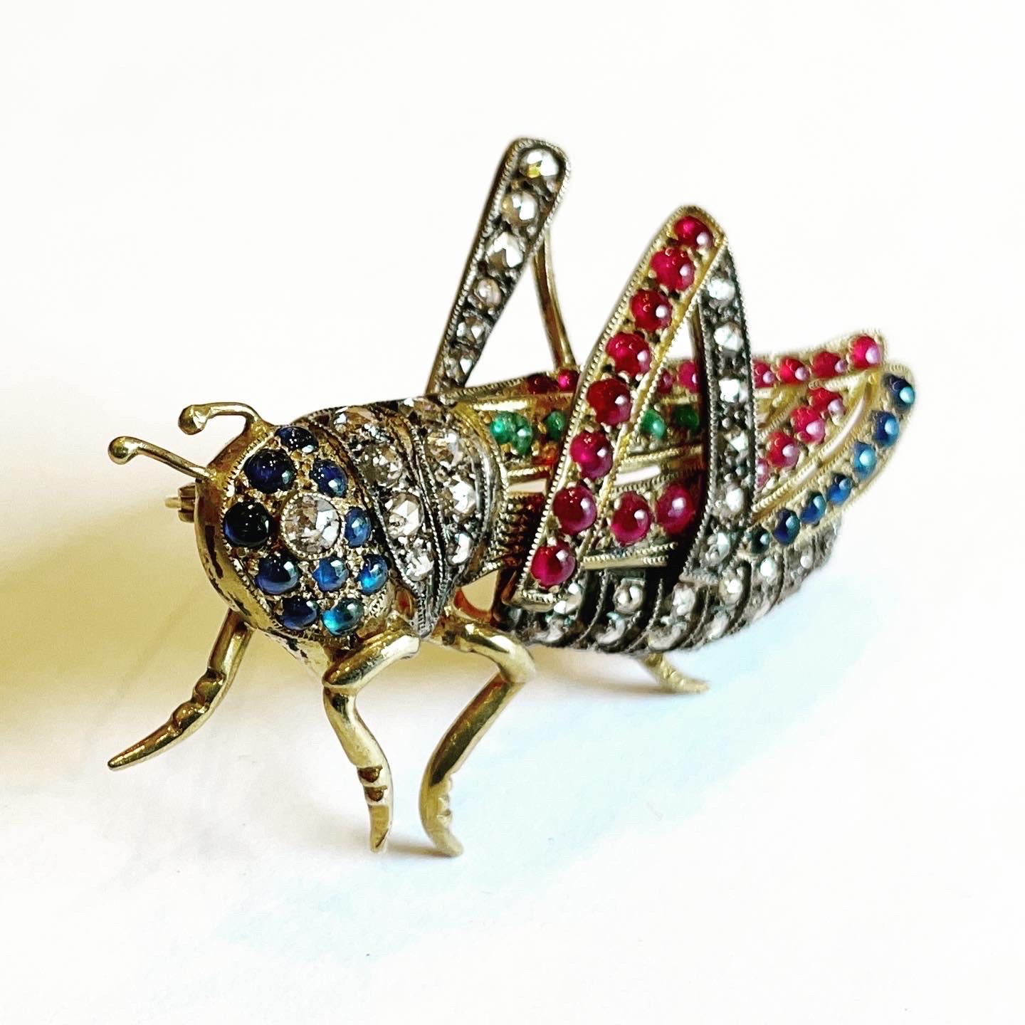 Women's or Men's Diamond, Ruby, Sapphire, Emerald Vermeil Silver Grasshopper Cricket Brooch For Sale