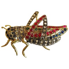 Diamond, Ruby, Sapphire, Emerald Vermeil Silver Grasshopper Cricket Brooch
