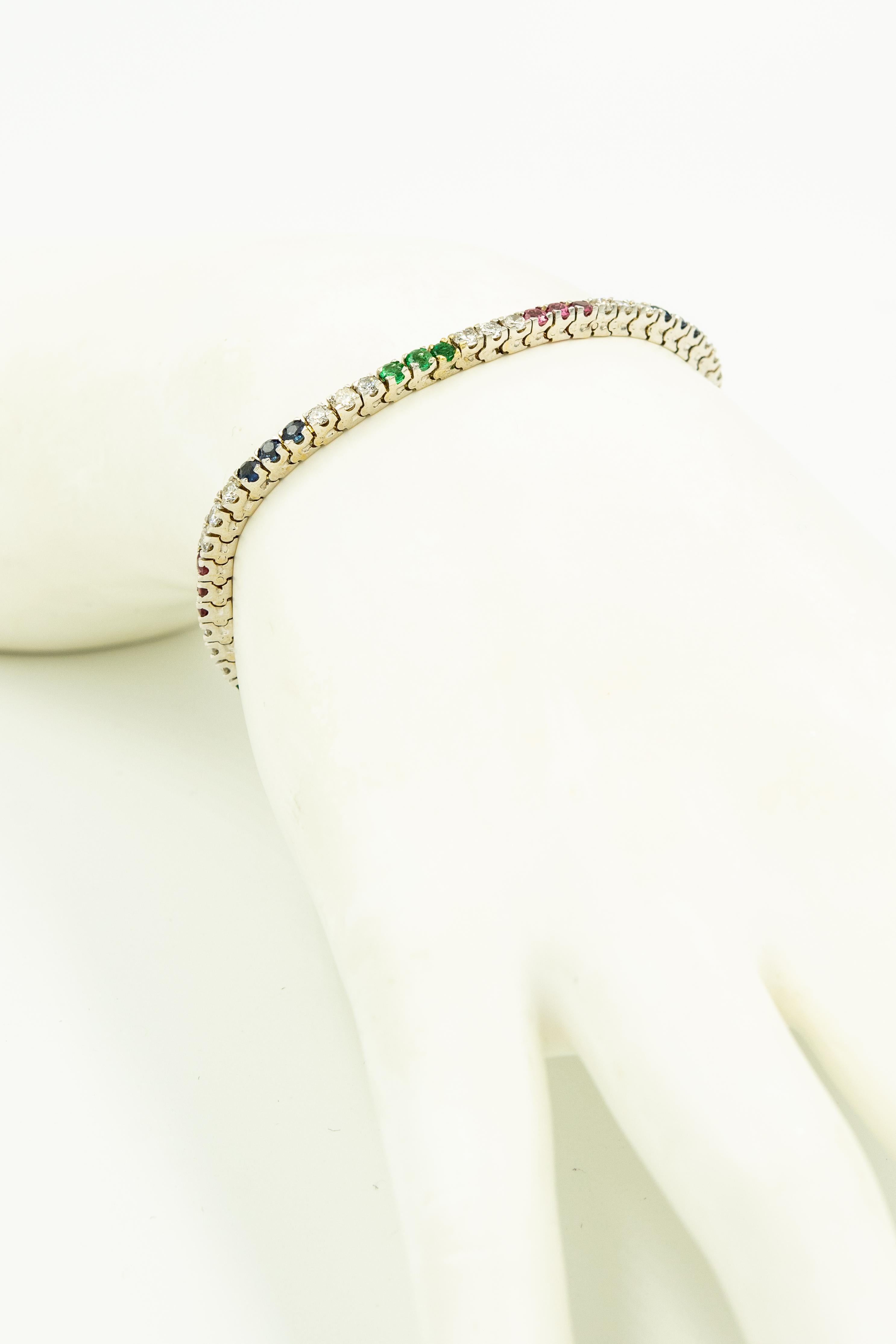 Diamond Ruby Sapphire Emerald White Gold Tennis Line Bracelet In Good Condition In Miami Beach, FL