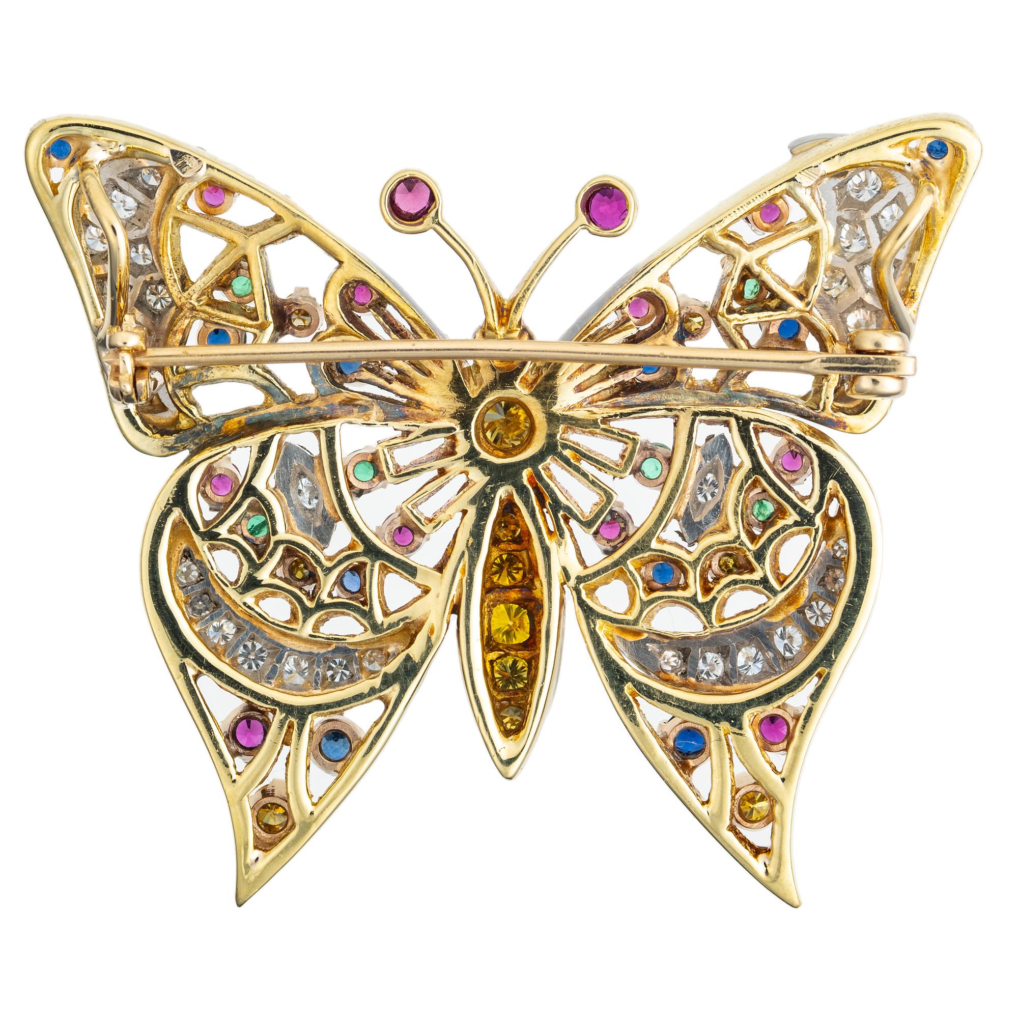 Round Cut Diamond Ruby Sapphire Emerald Yellow Gold Platinum Butterfly Brooch Pendant For Sale