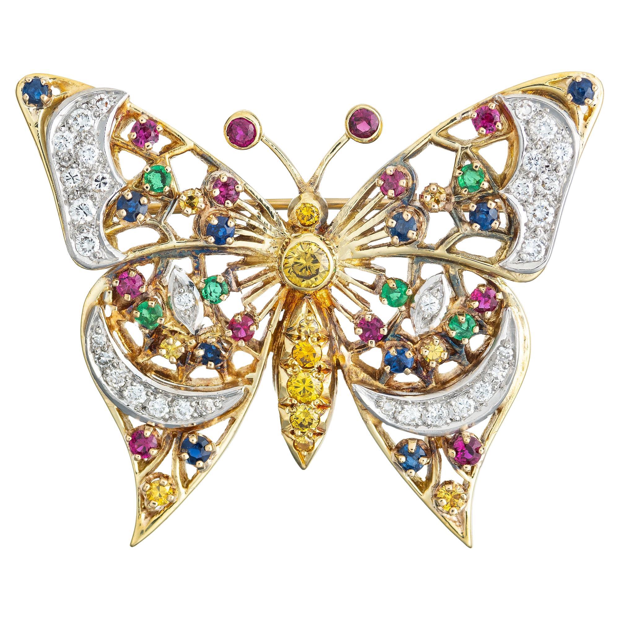 Diamond Ruby Sapphire Emerald Yellow Gold Platinum Butterfly Brooch Pendant For Sale