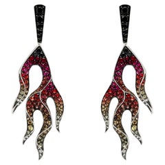 Diamond, Ruby, Sapphire Flame Earrings in 18k White Gold