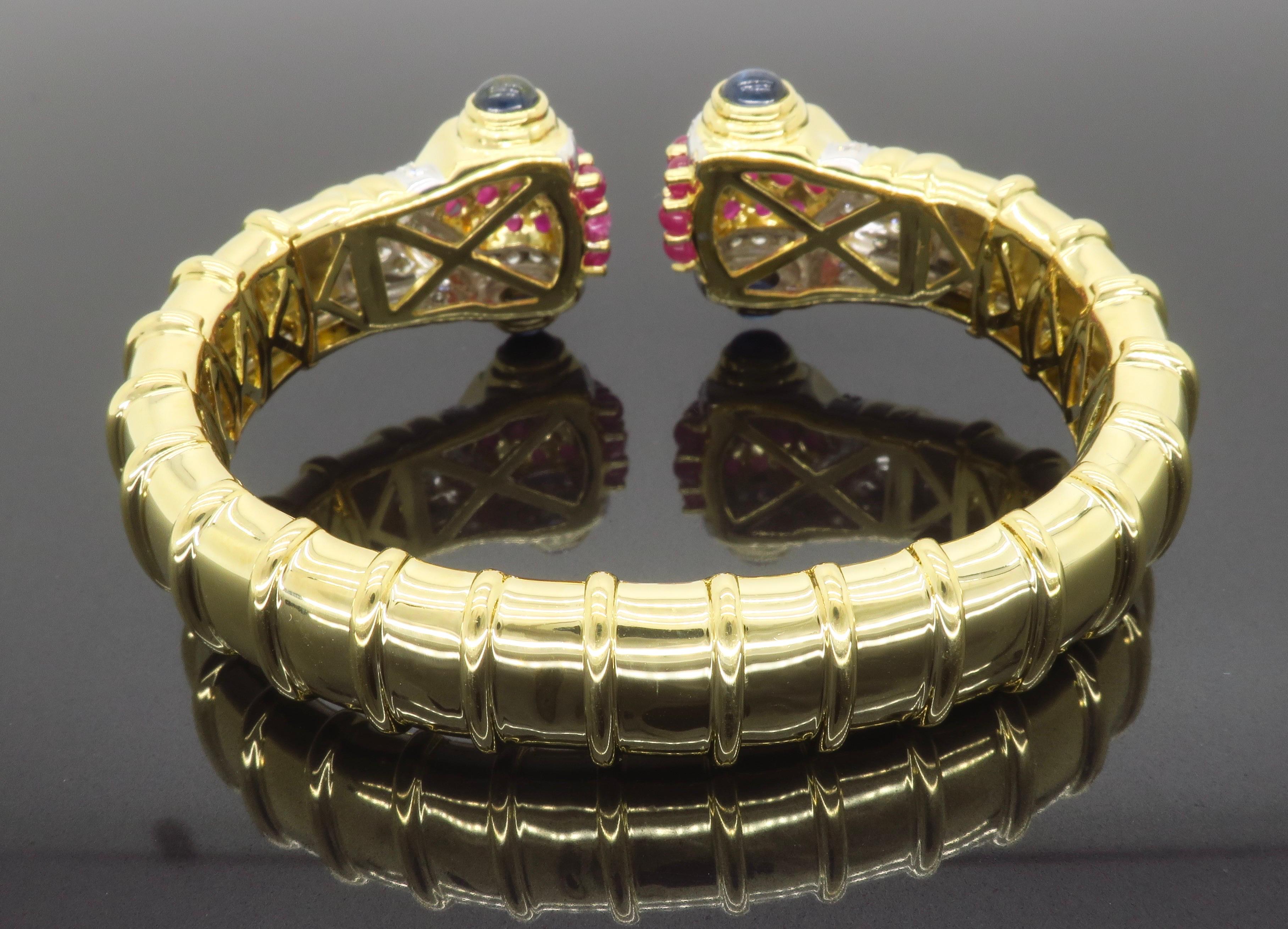 Diamond, Ruby & Sapphire Flex Cuff Bracelet In Excellent Condition For Sale In Webster, NY
