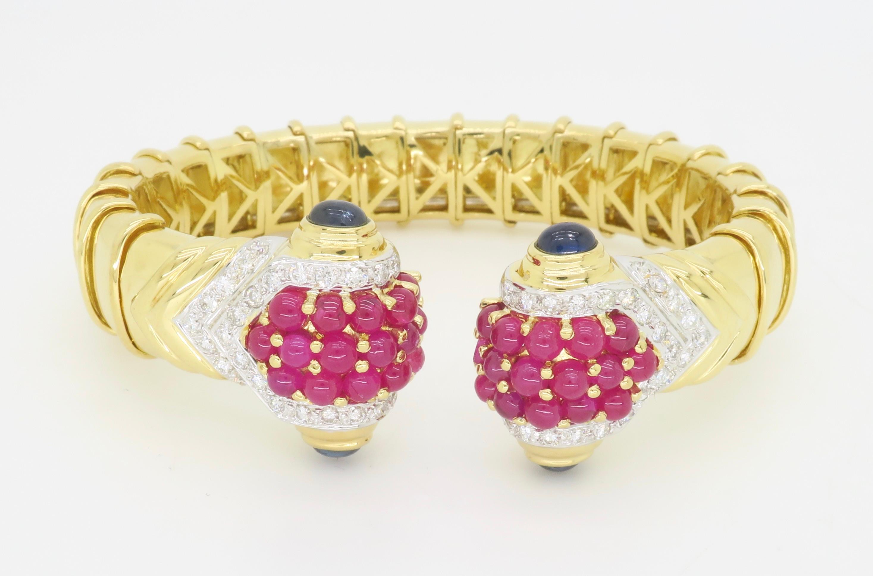 Women's or Men's Diamond, Ruby & Sapphire Flex Cuff Bracelet For Sale