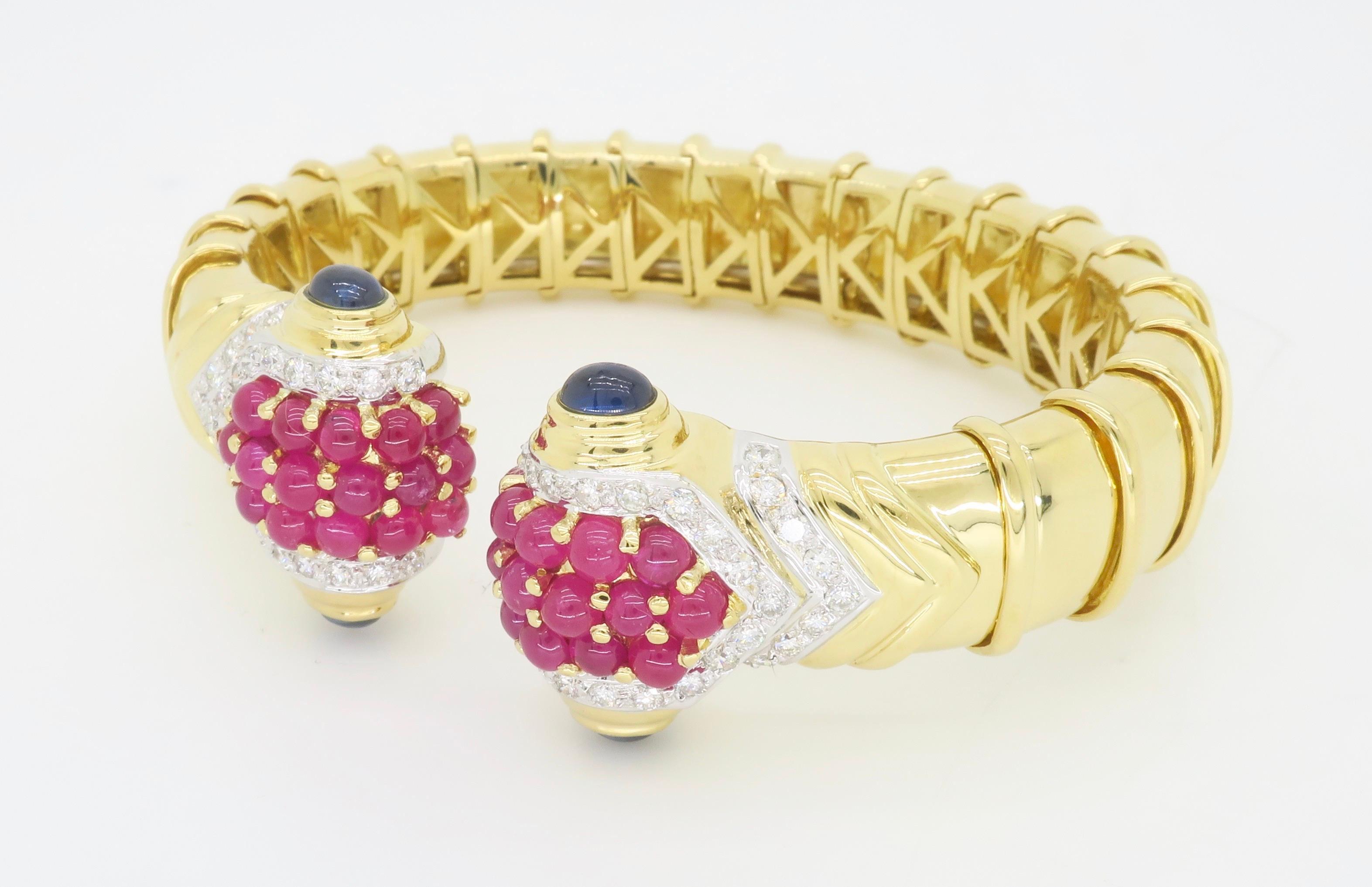 Diamond, Ruby & Sapphire Flex Cuff Bracelet For Sale 1