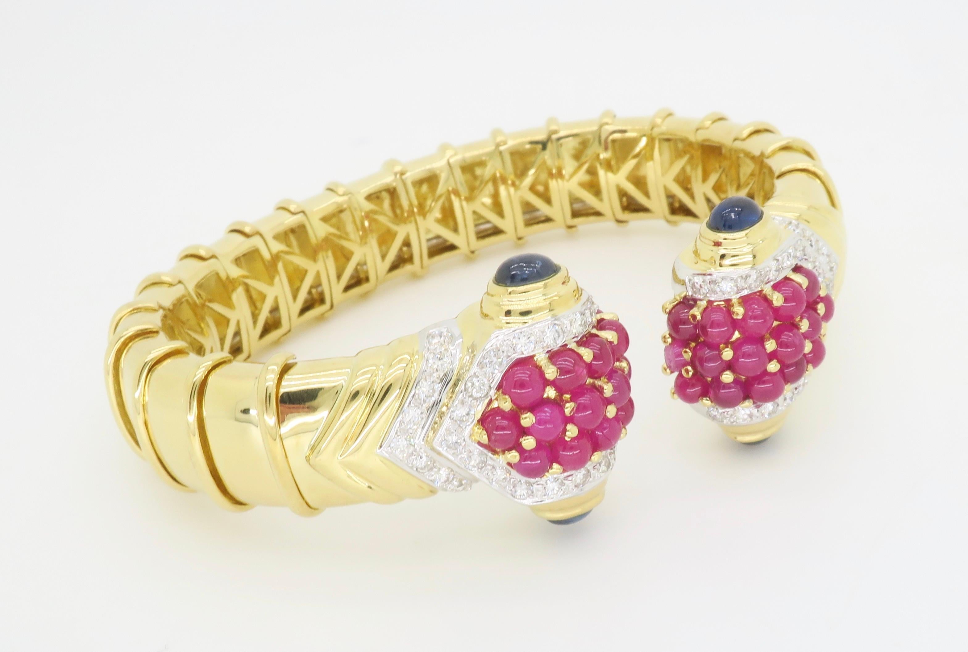 Diamond, Ruby & Sapphire Flex Cuff Bracelet For Sale 2