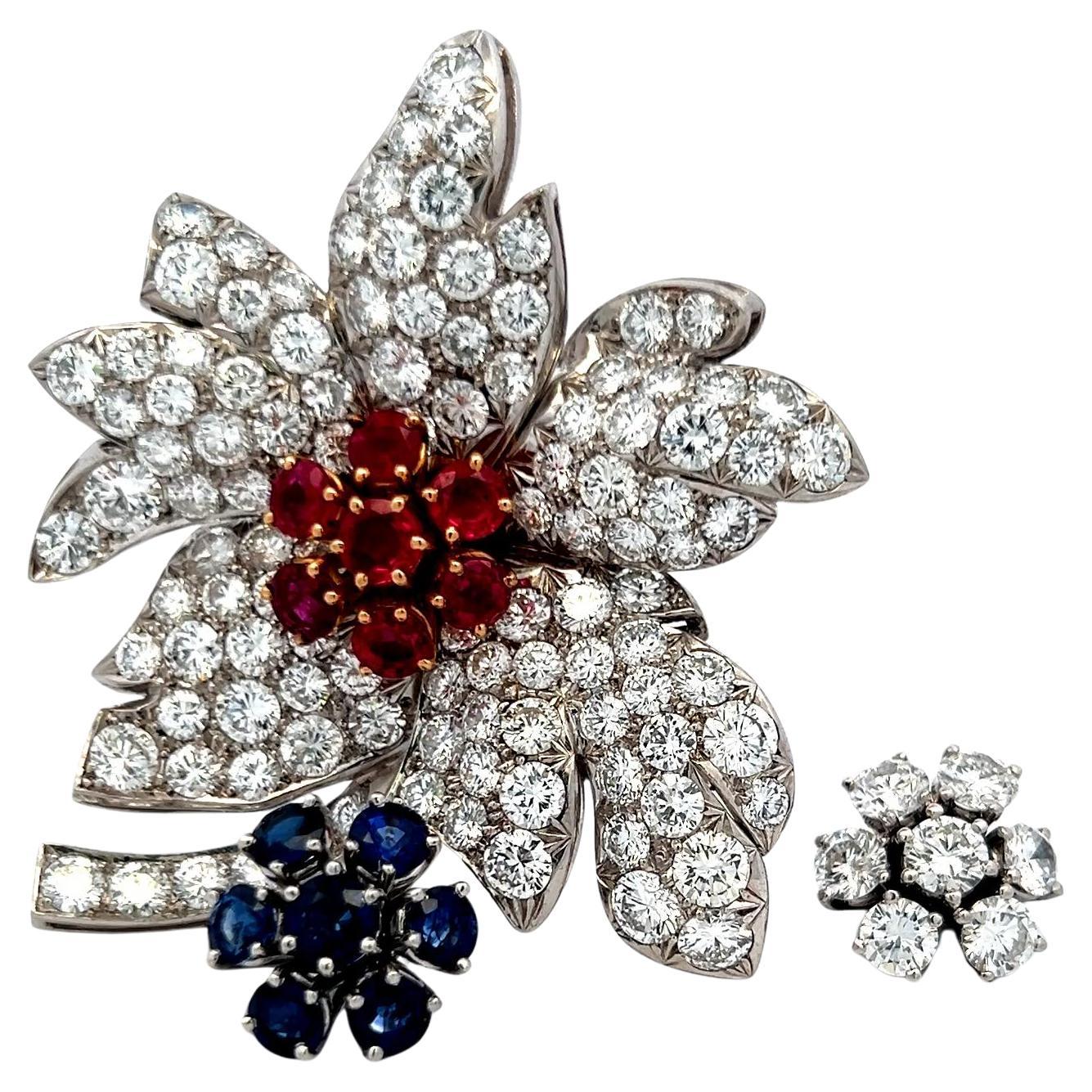 Diamond Ruby Sapphire Flower Brooch 18K Two-Tone Gold 19.80ct Vintage Estate