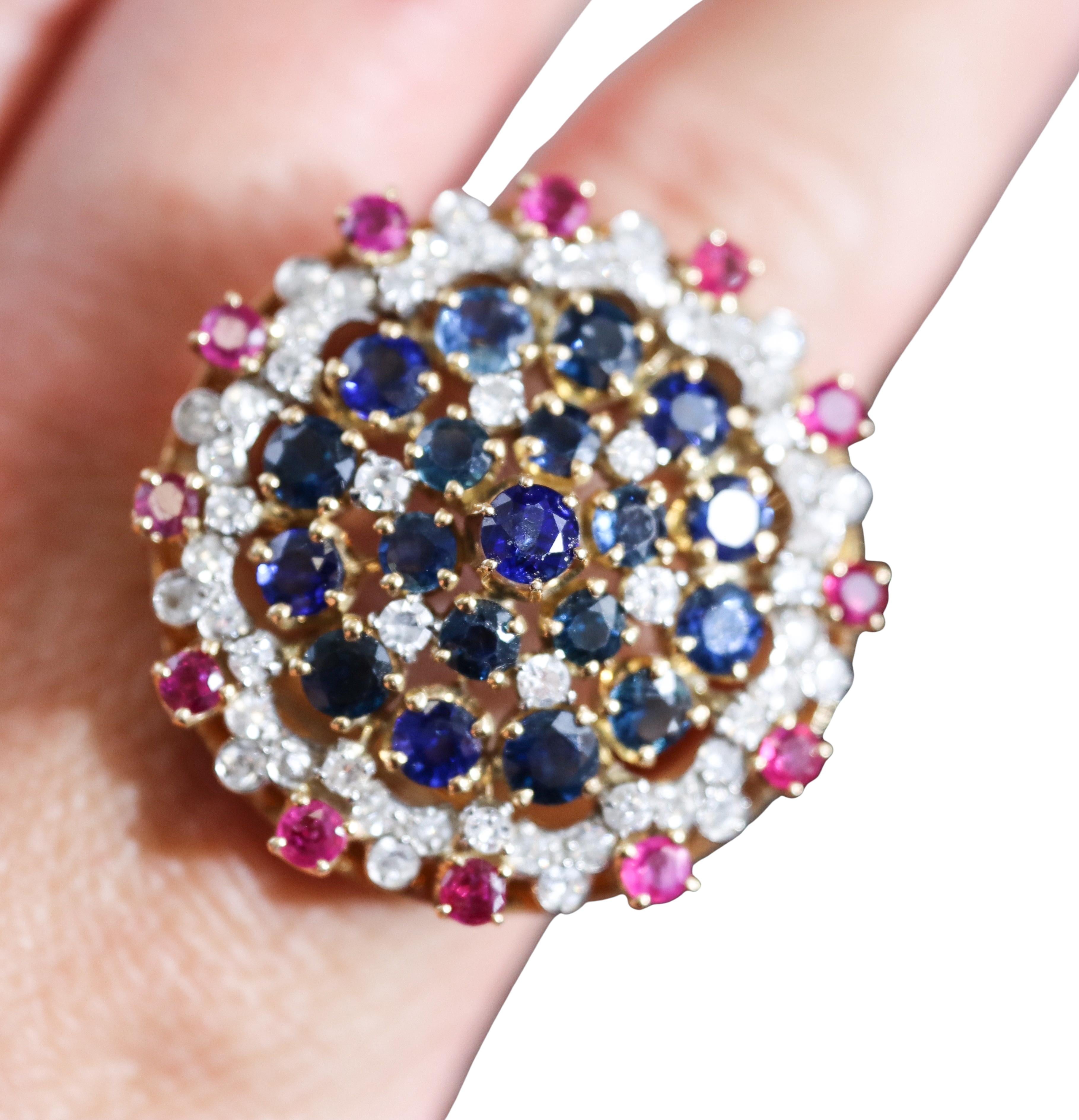 Women's Diamond Ruby Sapphire Gold Cocktail Ring For Sale