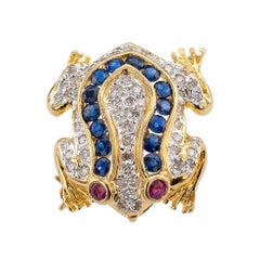 Diamond Ruby Sapphire Gold Frog Pendant Brooch