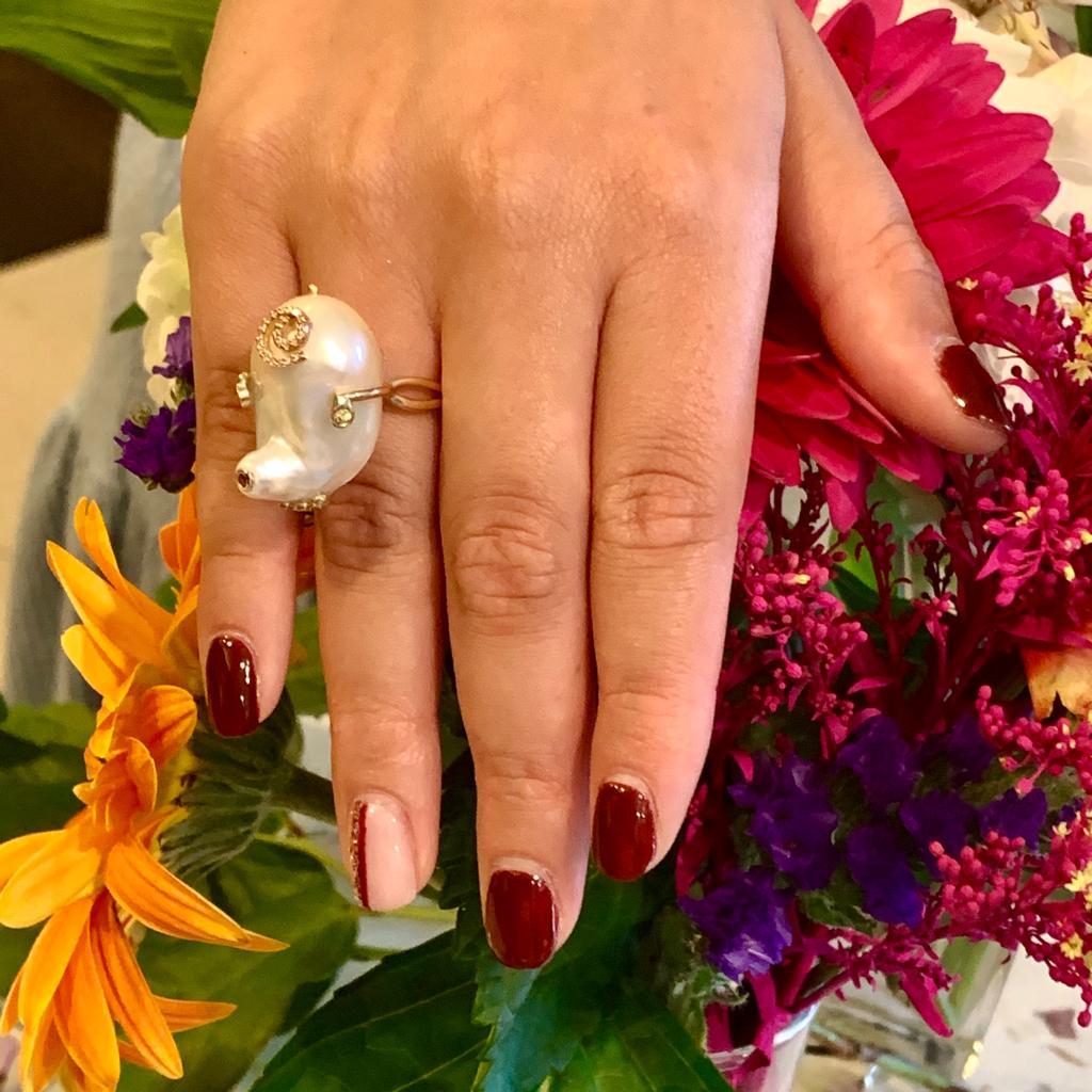 Mixed Cut Diamond Ruby Sapphire Pearl Ring 14k Gold Women Certified